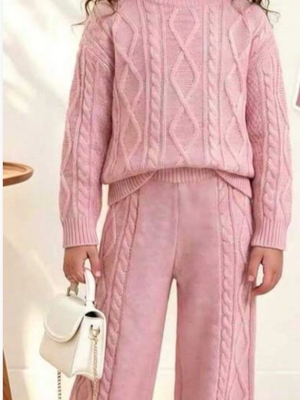Pink Cable-Knit Kids winter set - Soft Knit Top & Pants size 5/6T